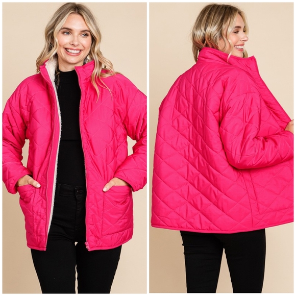 JODIFL Hot Pink Sherpa Lined Quilted Jacket - Picture 2 of 6